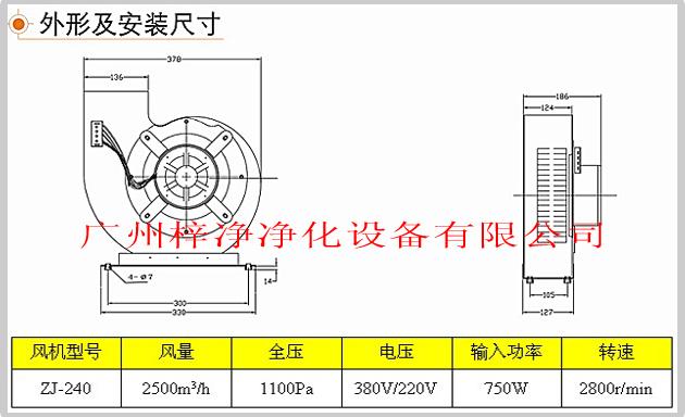 ZJ-240型號風淋室風機結構圖及技術參數 ZJ-240型號風淋室風機結構圖及技術參數